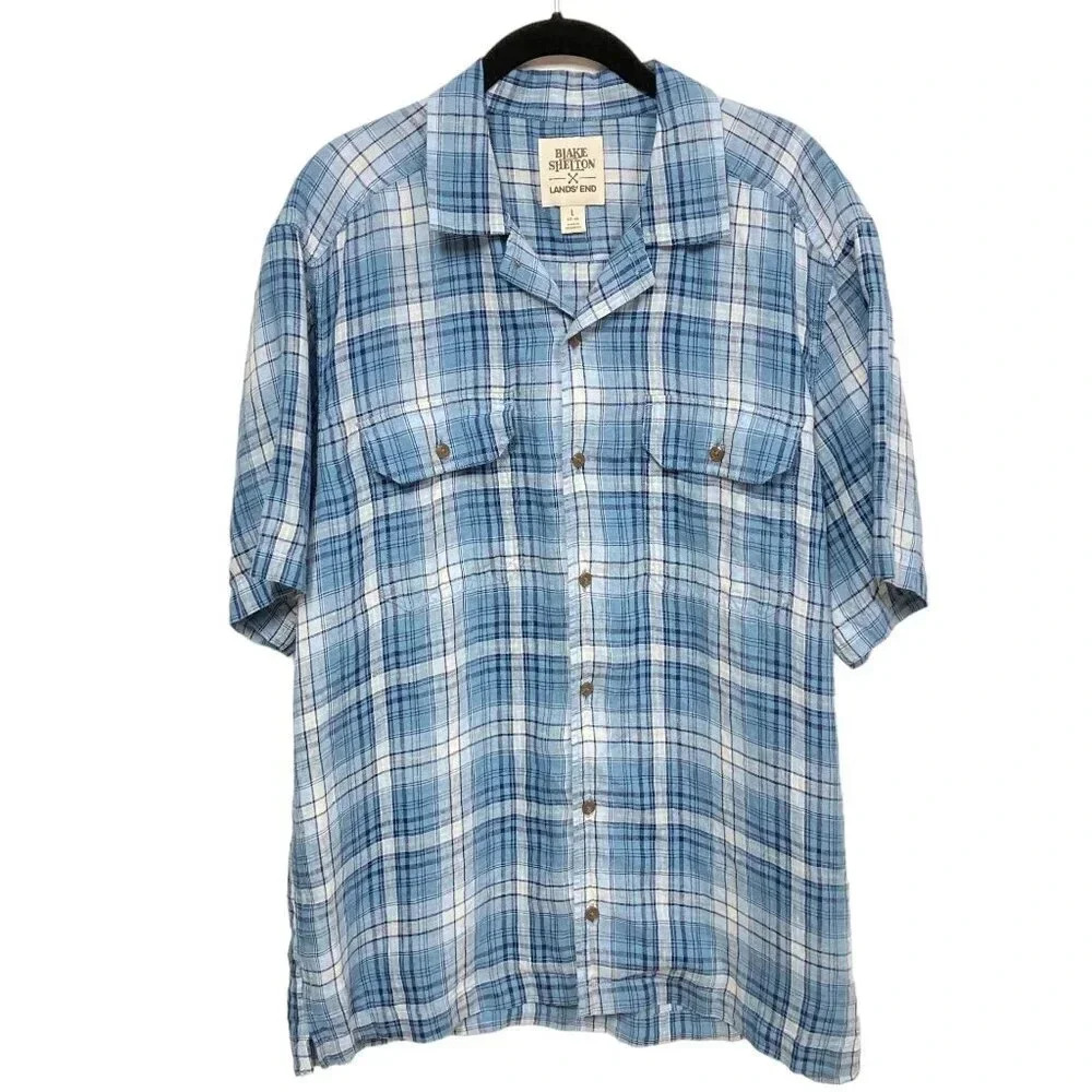Lands' End Blake Shelton Men's Linen Shirt,  Size L (42-44), Blue‎ Plaid Casual